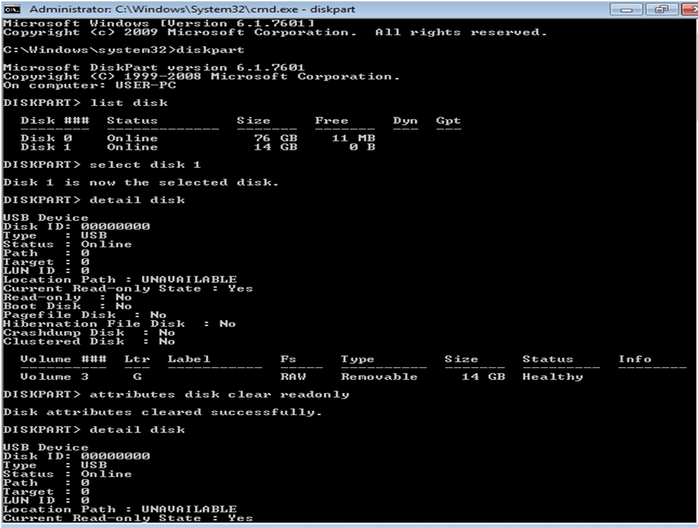 diskpart-attributes disk clear readonly
