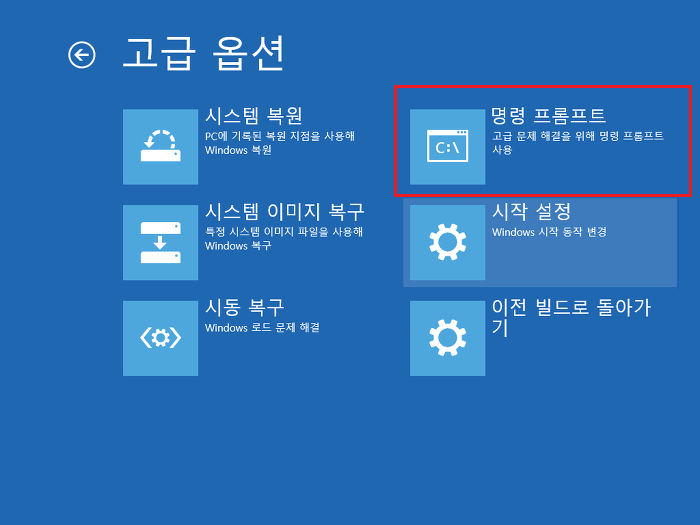 문제 해결 - 고급 옵션 - 명령 프롬프트