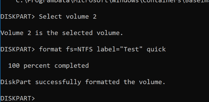 命令format fs=fat32 label=test quick