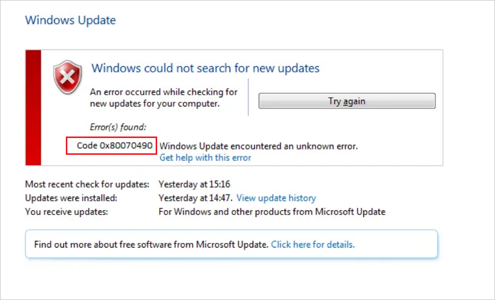 Windows 업데이트 오류 코드 0x80070490