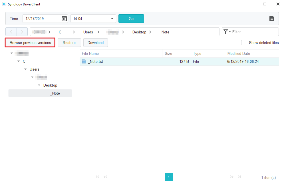 Synology Drive Client에서 이전 버전의 파일을 다운로드하거나 복원하는 방법 2-이전 버전 찾아보기-복원