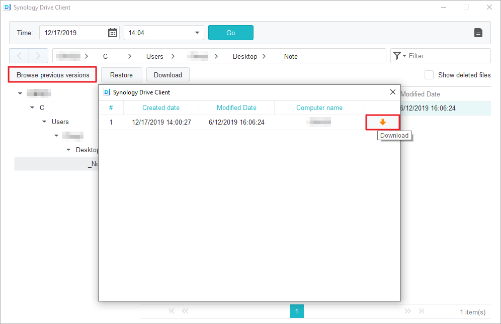 Synology Drive Client에서 이전 버전의 파일을 다운로드하거나 복원하는 방법 3-이전 버전 찾아보기-복원-다운로드