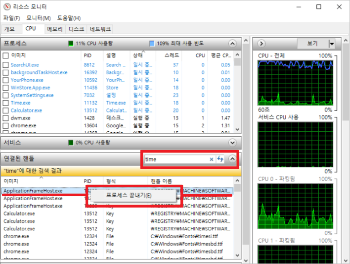 리소스 모니터-CPU-연관된 핸들