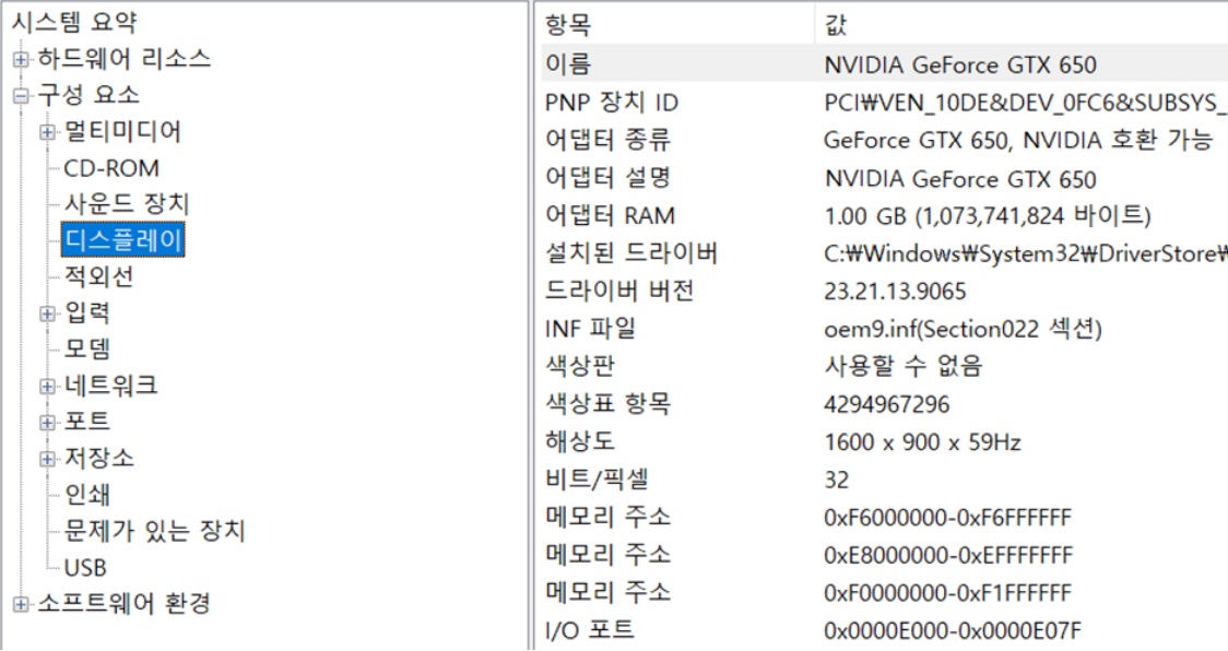 msinfo32 구성요소 - 디스플레이